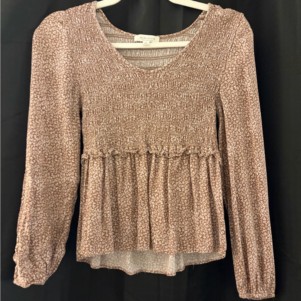 Kirious Smocked Cheetah Print Long Sleeve Blouse